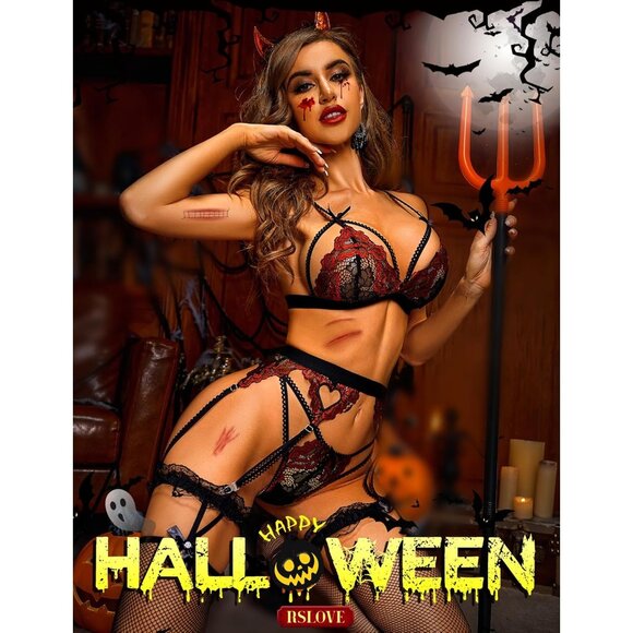 Women's Black&red Babydoll Bodysuit Set 3PC | Lace Teddy & Garter Belt Lingerie - Picture 2 of 5